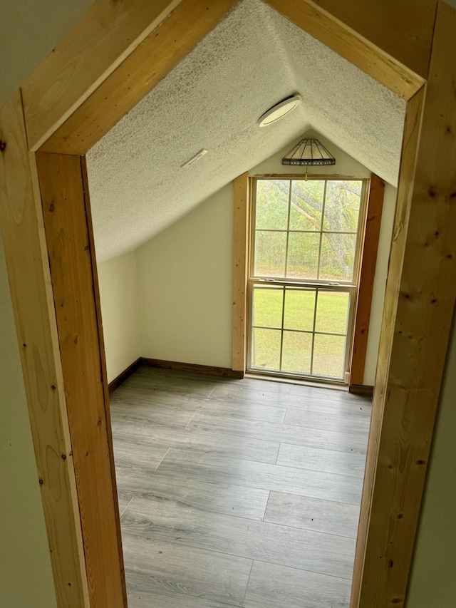 additional living space featuring lofted ceiling, a textured ceiling, wood finished floors, and baseboards