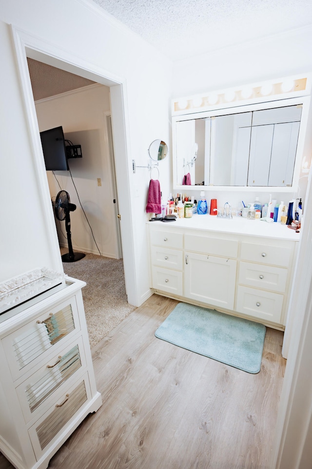 21246 County Road 295, Hermitage, MO 65668 - bathroom with wood finished floors, vanity, and a textured ceiling