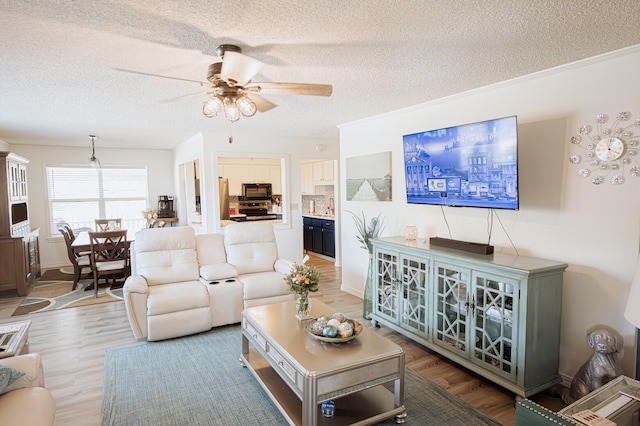 21246 County Road 295, Hermitage, MO 65668 - living room with a textured ceiling, a ceiling fan, light wood-style floors, and crown molding