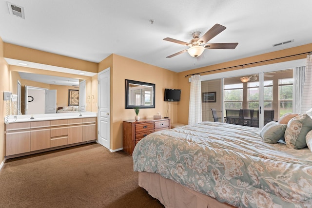 351 S Wildwood Dr Unit 3-2, Branson, MO 65616 - carpeted bedroom with access to outside, baseboards, connected bathroom, and a ceiling fan