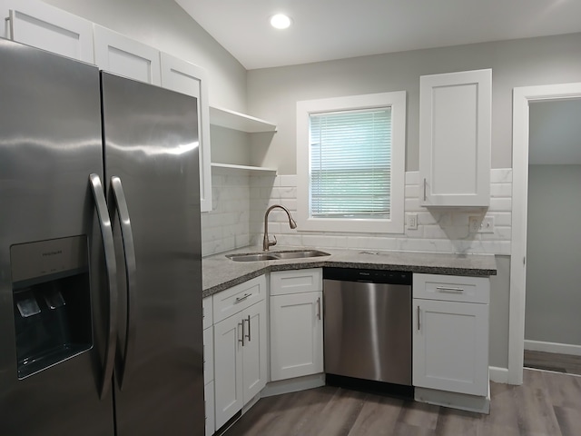 639 W Webster St, Springfield, MO 65802 - kitchen with stainless steel appliances, a sink, dark wood-type flooring, open shelves, and recessed lighting