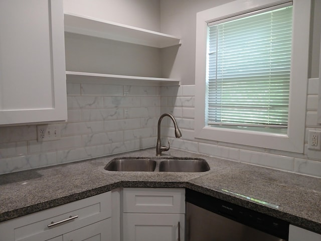 639 W Webster St, Springfield, MO 65802 - kitchen with a sink, dishwasher, white cabinets, open shelves, and decorative backsplash