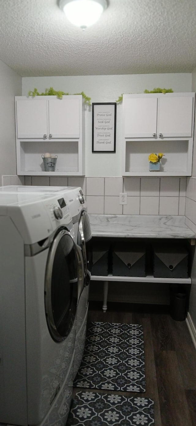 95 Starboard Dr, Kimberling City, MO 65686 - laundry room with cabinet space, a textured ceiling, separate washer and dryer, and dark wood-type flooring