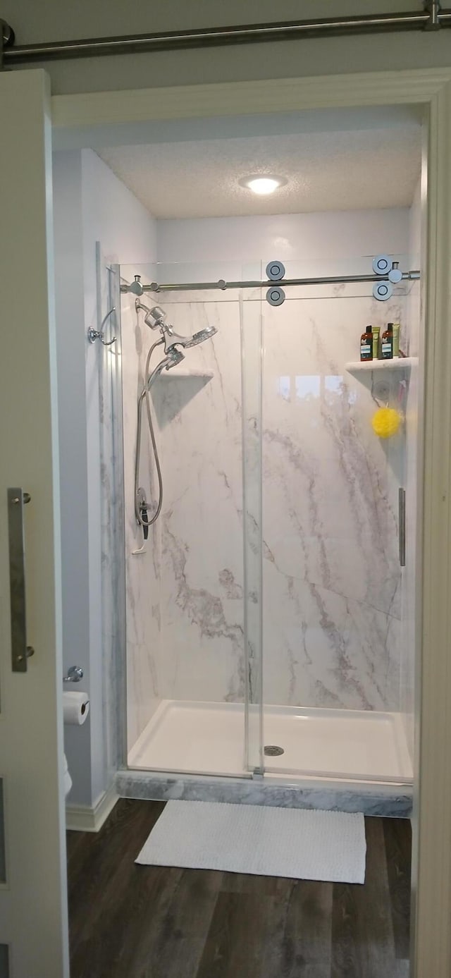 95 Starboard Dr, Kimberling City, MO 65686 - bathroom featuring a marble finish shower and wood finished floors