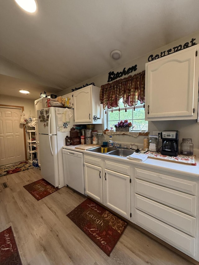 310 Mulling Dr, Highlandville, MO 65669 - kitchen featuring white appliances, white cabinets, light wood-style floors, and recessed lighting