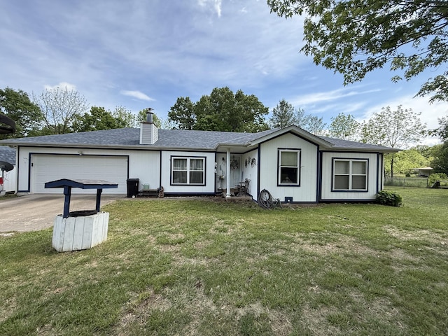 310 Mulling Dr, Highlandville, MO 65669 - ranch-style house with an attached garage, concrete driveway, a chimney, a front yard, and a shingled roof