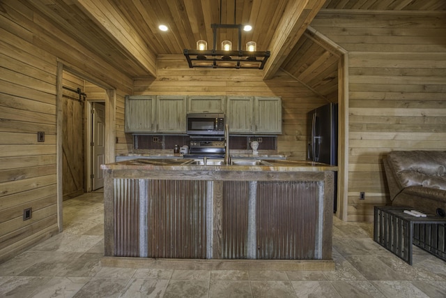 kitchen with appliances with stainless steel finishes, wooden ceiling, wood walls, a sink, and a chandelier