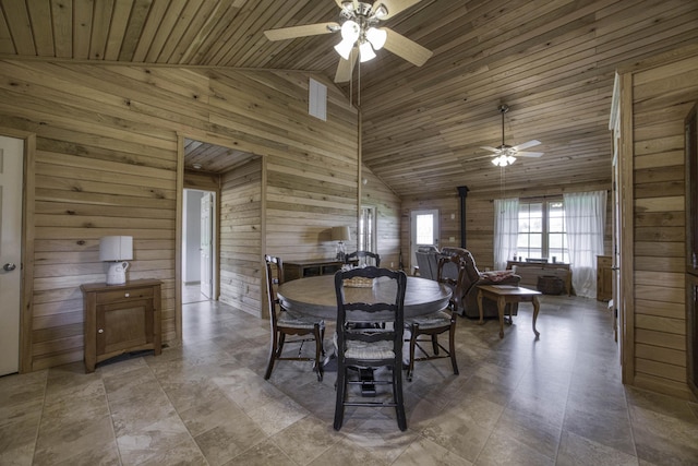 dining area featuring a ceiling fan, a wood stove, wood walls, high vaulted ceiling, and wooden ceiling