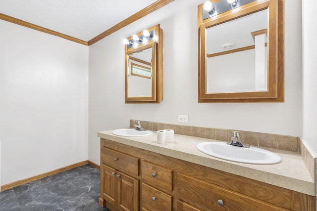 bathroom with crown molding, baseboards, and double vanity