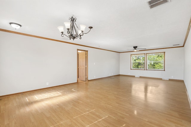 unfurnished room with ornamental molding, ceiling fan, baseboards, light wood-style floors, and a chandelier