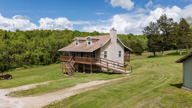 view of property exterior with stairs, a deck, a yard, and a chimney
