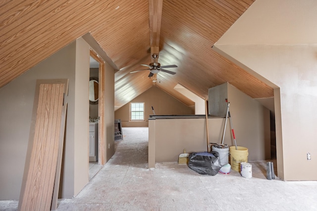 additional living space featuring a ceiling fan, vaulted ceiling, and wooden ceiling