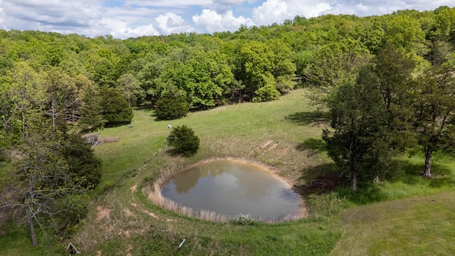 drone / aerial view of a nearby body of water and a forest