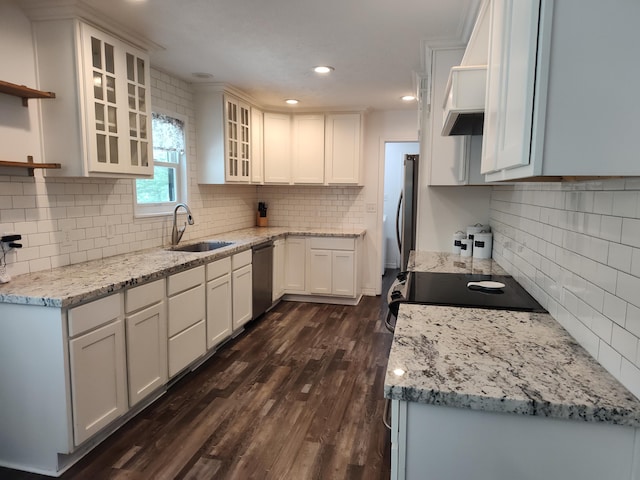 4181 S 105th Rd, Bolivar, MO 65613 - kitchen featuring decorative backsplash, stainless steel dishwasher, a sink, open shelves, and dark wood-style floors