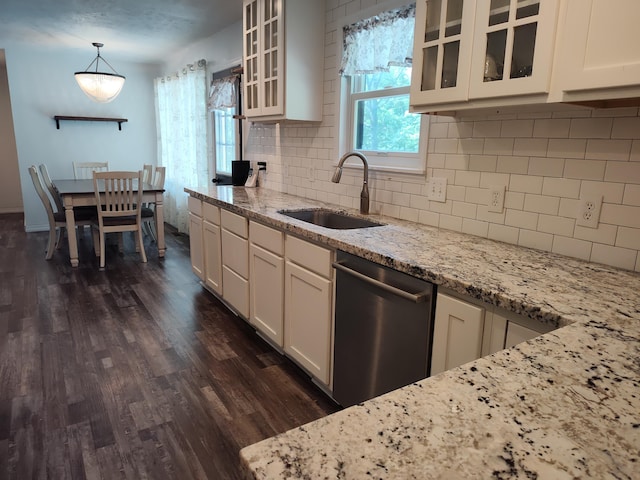 4181 S 105th Rd, Bolivar, MO 65613 - kitchen featuring stainless steel dishwasher, a sink, dark wood-style flooring, and light stone countertops