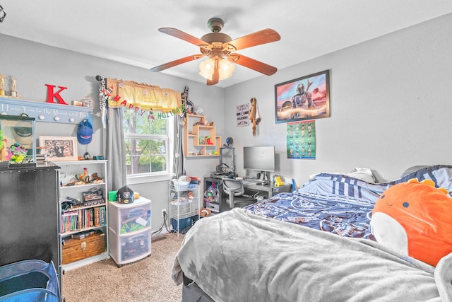 bedroom featuring carpet flooring and ceiling fan