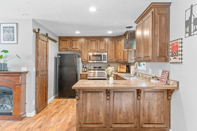 kitchen with appliances with stainless steel finishes, a sink, a barn door, a peninsula, and baseboards