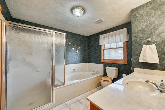 9169 W Farm Road 60, Willard, MO 65781 - bathroom with tile patterned flooring, a shower stall, a textured ceiling, vanity, and a bath