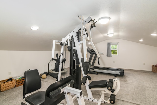 4216 Skyline Rd, Seymour, MO 65746 - workout room with vaulted ceiling, baseboards, carpet floors, and recessed lighting
