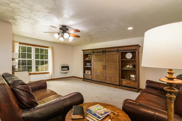 4216 Skyline Rd, Seymour, MO 65746 - living area featuring heating unit, carpet flooring, baseboards, ceiling fan, and recessed lighting