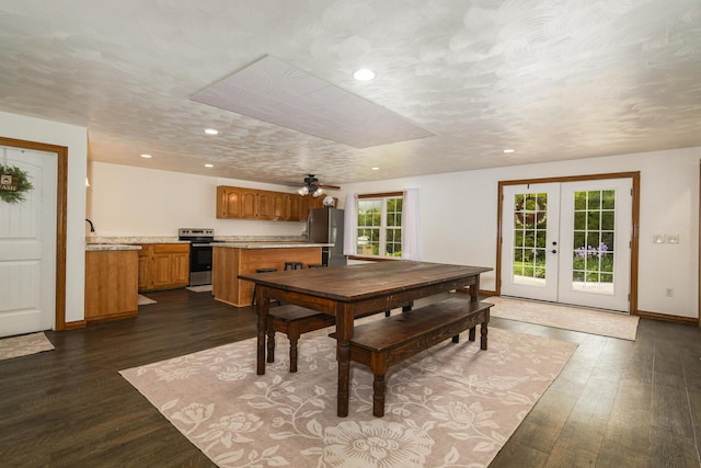 4216 Skyline Rd, Seymour, MO 65746 - dining room with dark wood-style flooring, french doors, recessed lighting, baseboards, and a ceiling fan