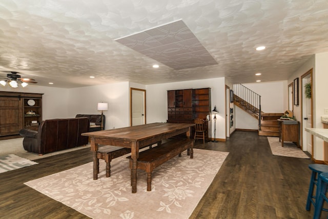 4216 Skyline Rd, Seymour, MO 65746 - dining space featuring wood finished floors, stairway, recessed lighting, baseboards, and ceiling fan