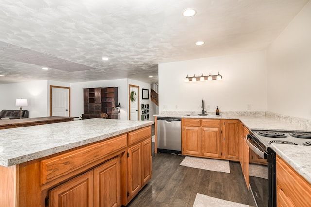 4216 Skyline Rd, Seymour, MO 65746 - kitchen with stainless steel dishwasher, a sink, dark wood-style floors, black electric range oven, and light countertops