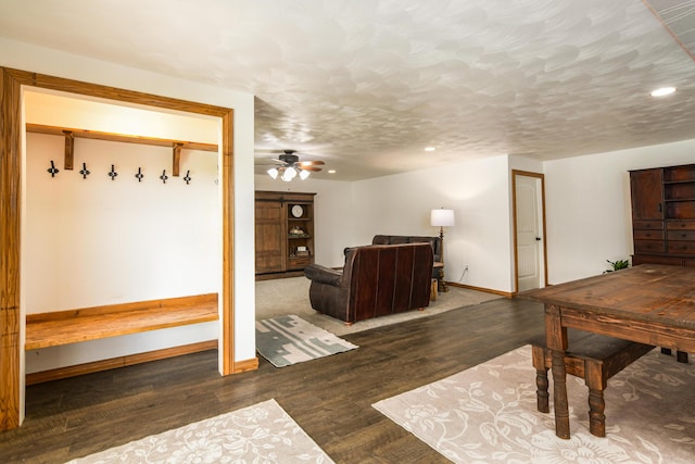 4216 Skyline Rd, Seymour, MO 65746 - mudroom with baseboards, ceiling fan, recessed lighting, wood finished floors, and a textured ceiling