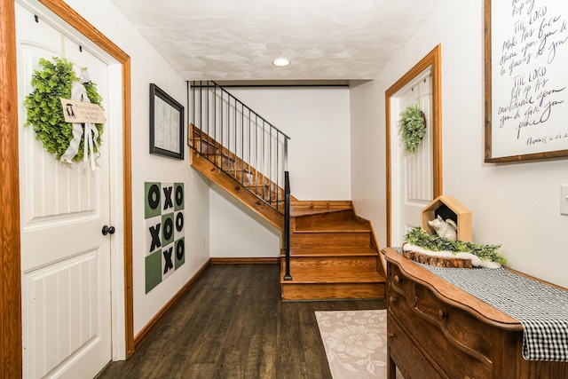 4216 Skyline Rd, Seymour, MO 65746 - foyer featuring dark wood-type flooring, stairway, baseboards, and recessed lighting