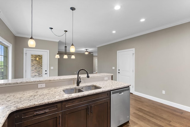 311 Stillwood Dr, Branson, MO 65616 - kitchen with a sink, dishwasher, a ceiling fan, dark brown cabinets, and wood finished floors