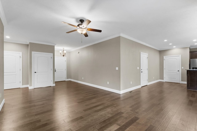 311 Stillwood Dr, Branson, MO 65616 - unfurnished living room featuring a ceiling fan, a chandelier, dark wood-style flooring, recessed lighting, and baseboards