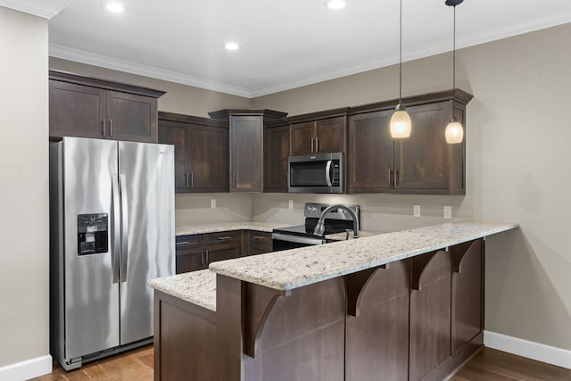 311 Stillwood Dr, Branson, MO 65616 - kitchen featuring appliances with stainless steel finishes, a peninsula, dark brown cabinets, baseboards, and light stone counters