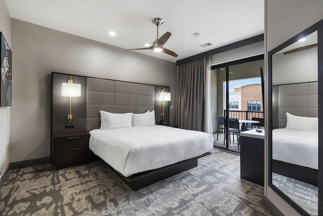 2513A Branson Landing Blvd, Branson, MO 65616 - bedroom featuring access to exterior, ceiling fan, and carpet