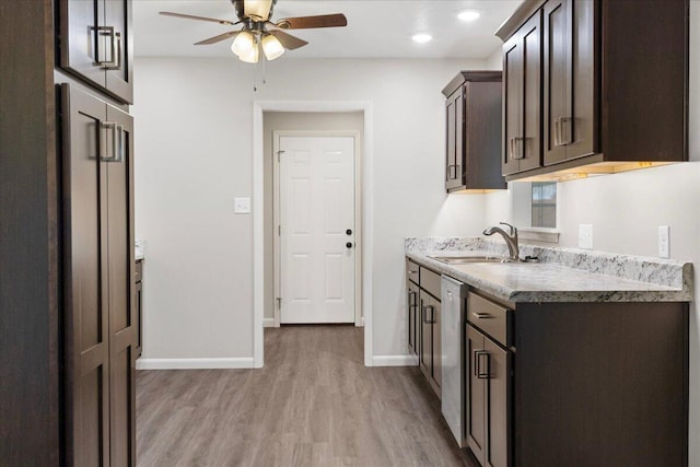3156 N National Ave, Springfield, MO 65803 - kitchen with a sink, dark brown cabinets, light wood-style floors, a ceiling fan, and baseboards