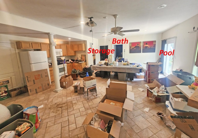 2016 Timberlake Rd, Branson, MO 65616 - misc room with ornate columns, stone tile floors, a ceiling fan, and recessed lighting