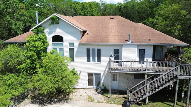 2016 Timberlake Rd, Branson, MO 65616 - back of property with stairs, a wooden deck, and a shingled roof