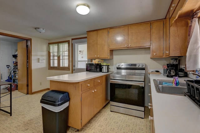 720 Kentland Dr, Neosho, MO 64850 - kitchen featuring stainless steel range with electric stovetop, a peninsula, light floors, and light countertops