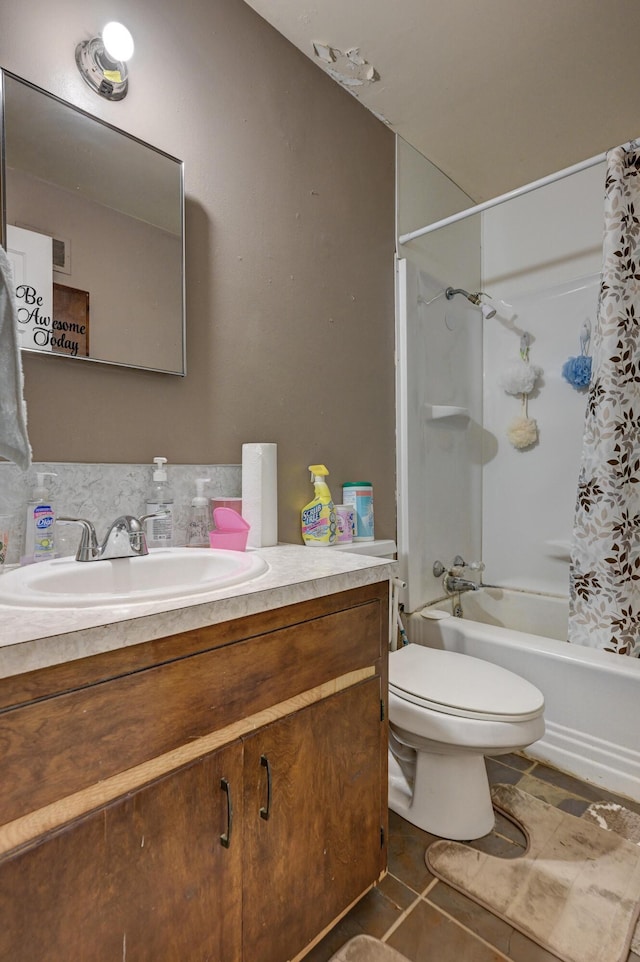 720 Kentland Dr, Neosho, MO 64850 - bathroom with vanity, tile patterned floors, toilet, and shower / bath combination with curtain
