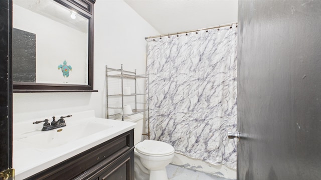 bathroom featuring toilet, vanity, and a shower with shower curtain