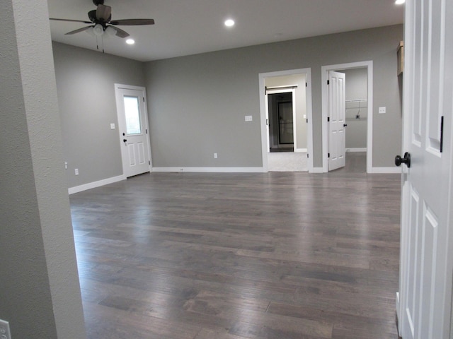 748 Birdsong Ln, Marshfield, MO 65706 - empty room with a ceiling fan, dark wood-type flooring, recessed lighting, and baseboards
