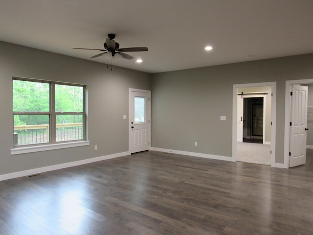 748 Birdsong Ln, Marshfield, MO 65706 - unfurnished living room featuring ceiling fan, dark wood finished floors, baseboards, and recessed lighting