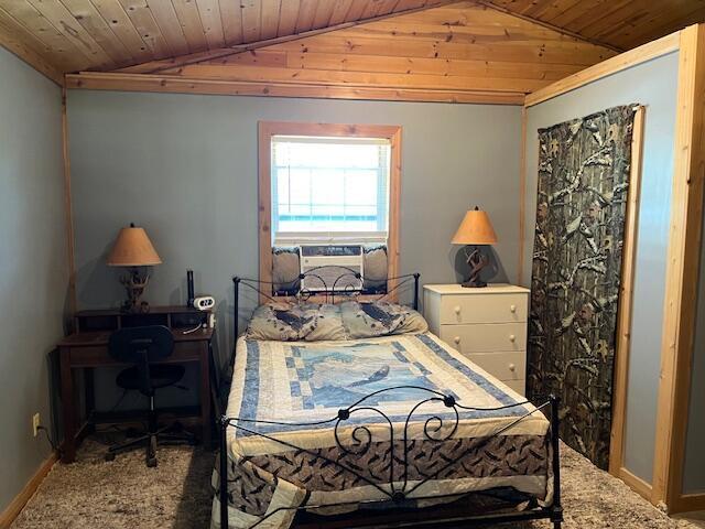 420 Maple St, Granby, MO 64844 - carpeted bedroom featuring wooden ceiling, lofted ceiling, and baseboards