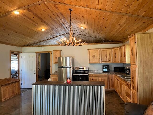 420 Maple St, Granby, MO 64844 - kitchen featuring stainless steel appliances, dark countertops, lofted ceiling, wooden ceiling, and a chandelier