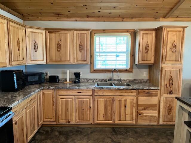420 Maple St, Granby, MO 64844 - kitchen with a sink, wooden ceiling, black microwave, concrete floors, and electric range