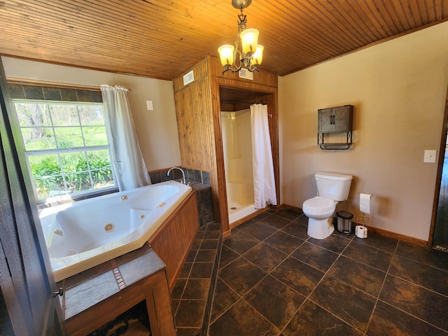 bathroom featuring wooden ceiling, a stall shower, toilet, a chandelier, and a jetted tub