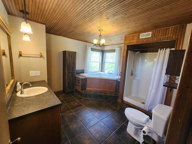 bathroom featuring a garden tub, curtained shower, a chandelier, wood ceiling, and vanity