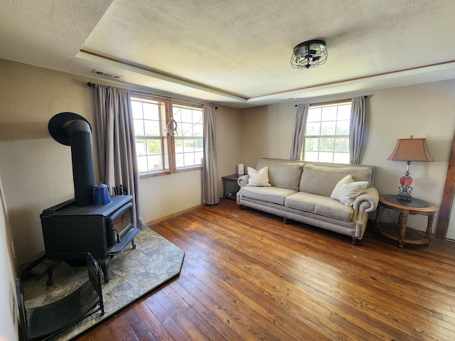 living room featuring hardwood / wood-style floors, a textured ceiling, a wood stove, a raised ceiling, and baseboards