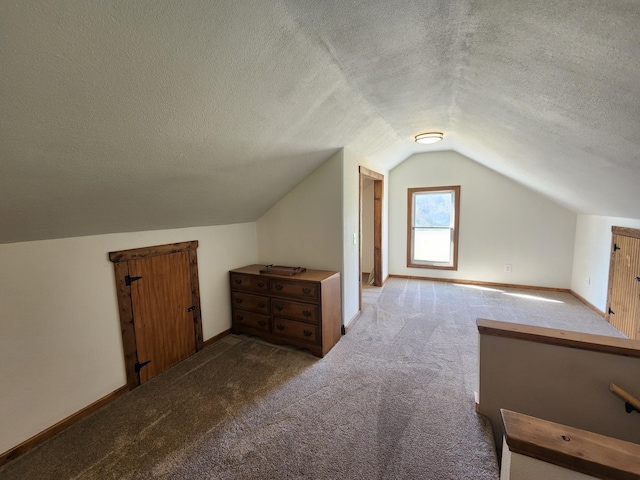 additional living space featuring lofted ceiling, carpet floors, a textured ceiling, and baseboards