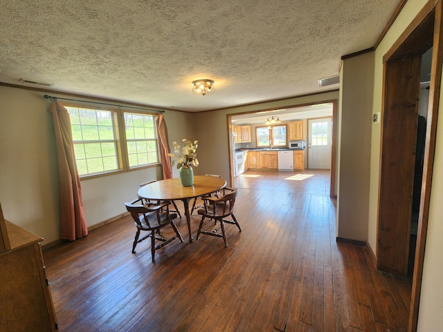 dining area featuring dark wood-style flooring, plenty of natural light, a textured ceiling, and baseboards