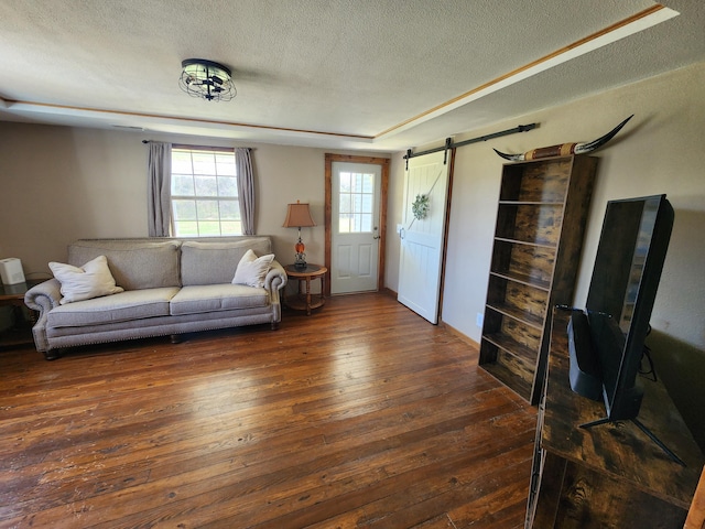 living area featuring a textured ceiling, hardwood / wood-style flooring, and a barn door
